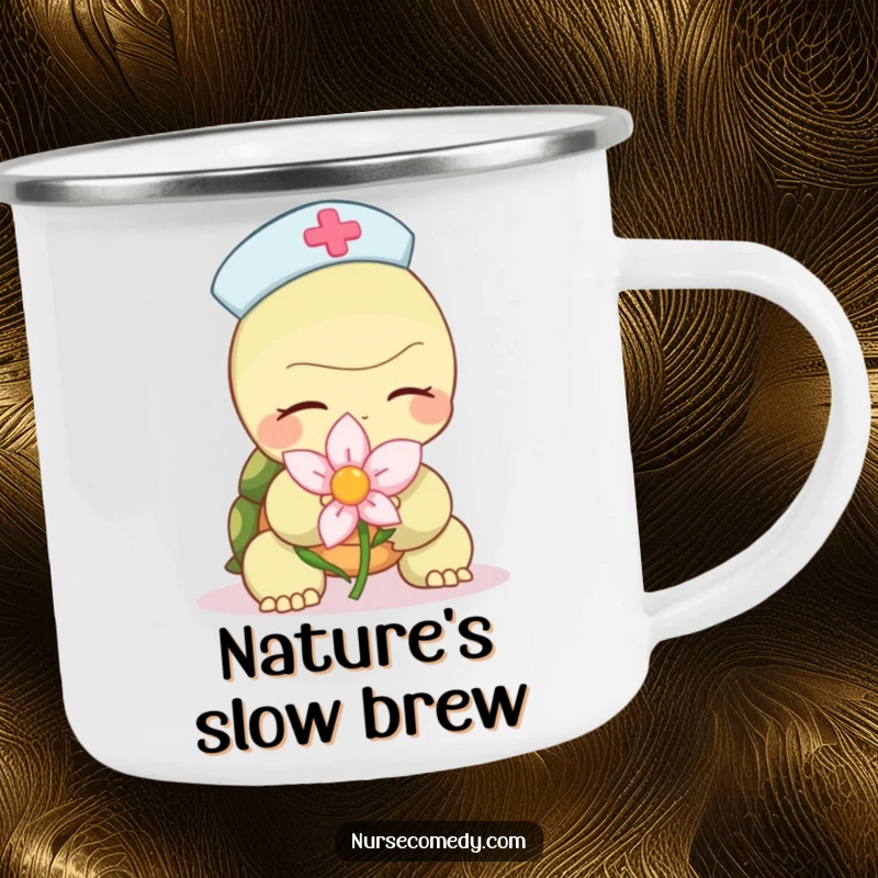 Funny turtle nurse camping mug, showing a character slowly offering a calming flower, for outdoor use with a humorous and caring touch.