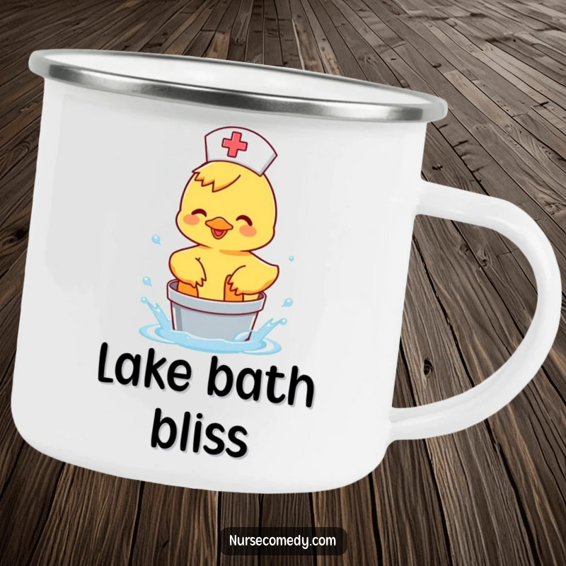 Funny Duck Nurse Camping Mug: happy duck splashing water, perfect for outdoor fun.