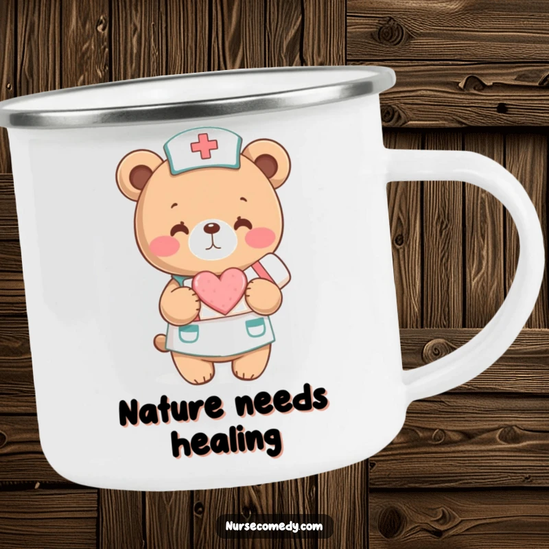 Funny Camping Mug: A bear nurse offers a heart-bandaged wound. Perfect for warm drinks and caring smiles.