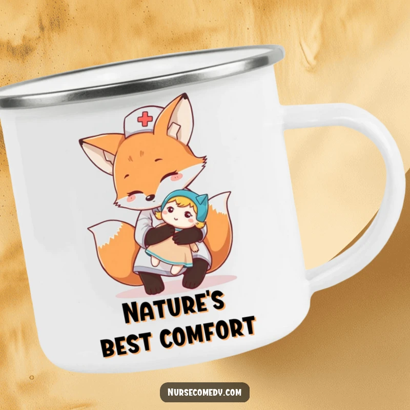 Funny fox nurse character offering a comforting hug to a doll on a durable camping mug, perfect for outdoor use.