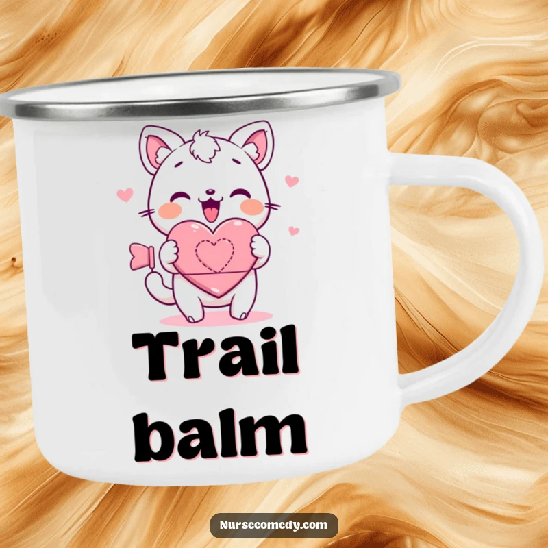 Kawaii camping mug with a cute animal character rolling a heart bandage, perfect for outdoor trips and spreading gentle healing vibes.