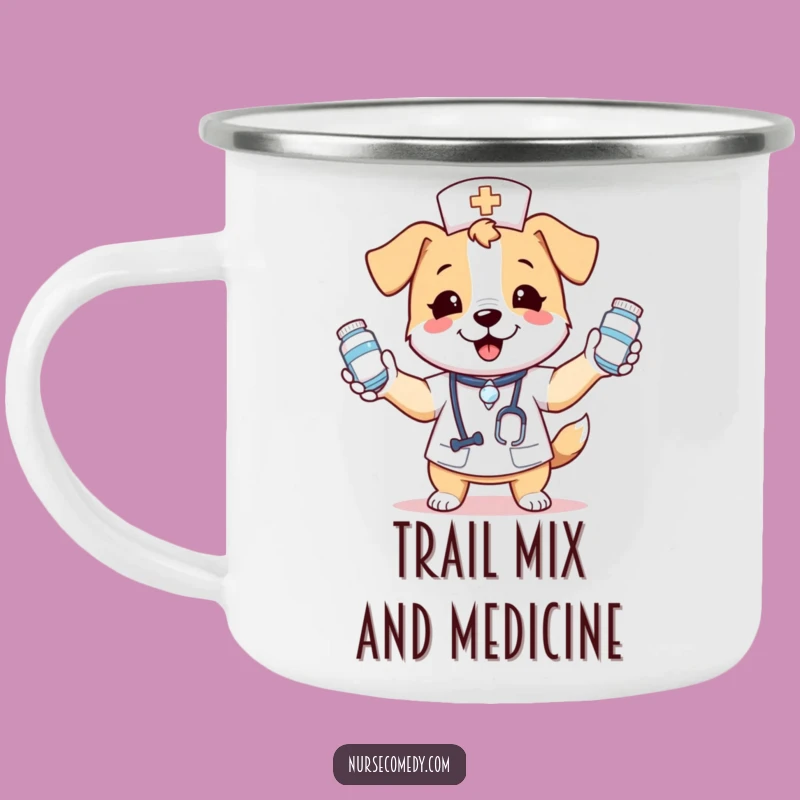 Funny Kawaii Dog Nurse Camping Mug: Juggling Medicine Outdoors with Glee