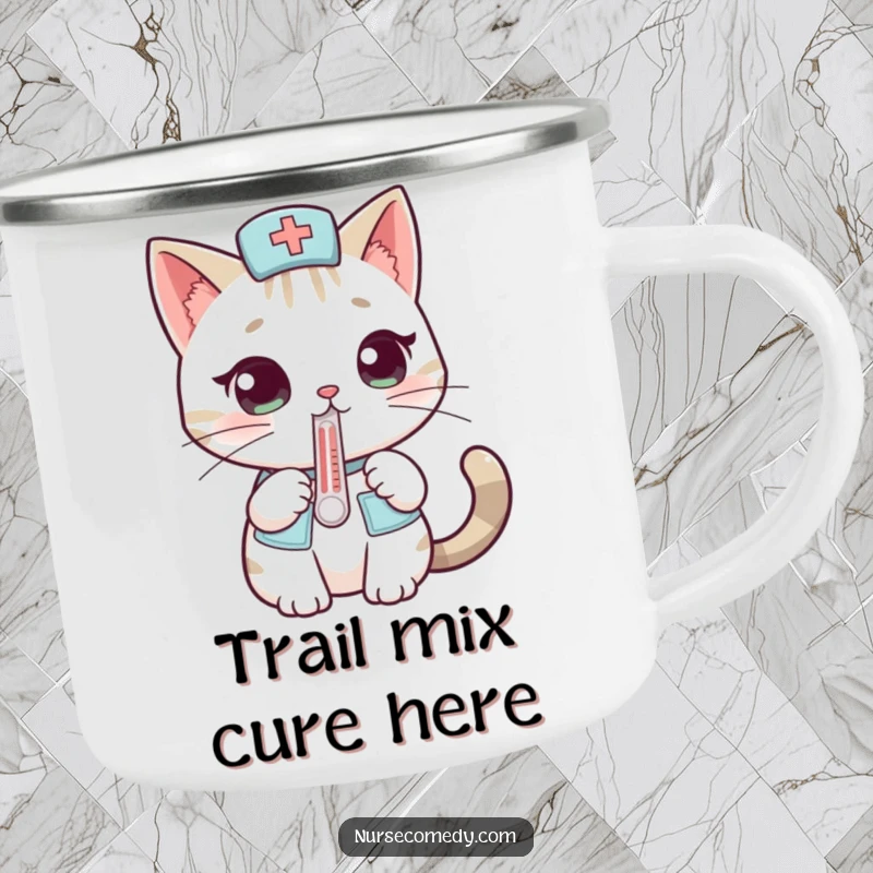 Funny cat nurse camping mug with a curious cat and thermometer, durable and stylish for outdoor enthusiasts, a great funny gift.