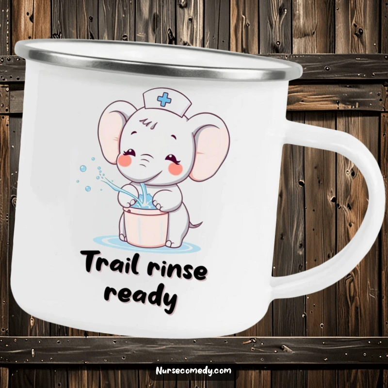 Funny Kawaii Elephant Nurse Camping Mug, cartoon elephant splashing water from a bucket, perfect for outdoor use with cheerful design.