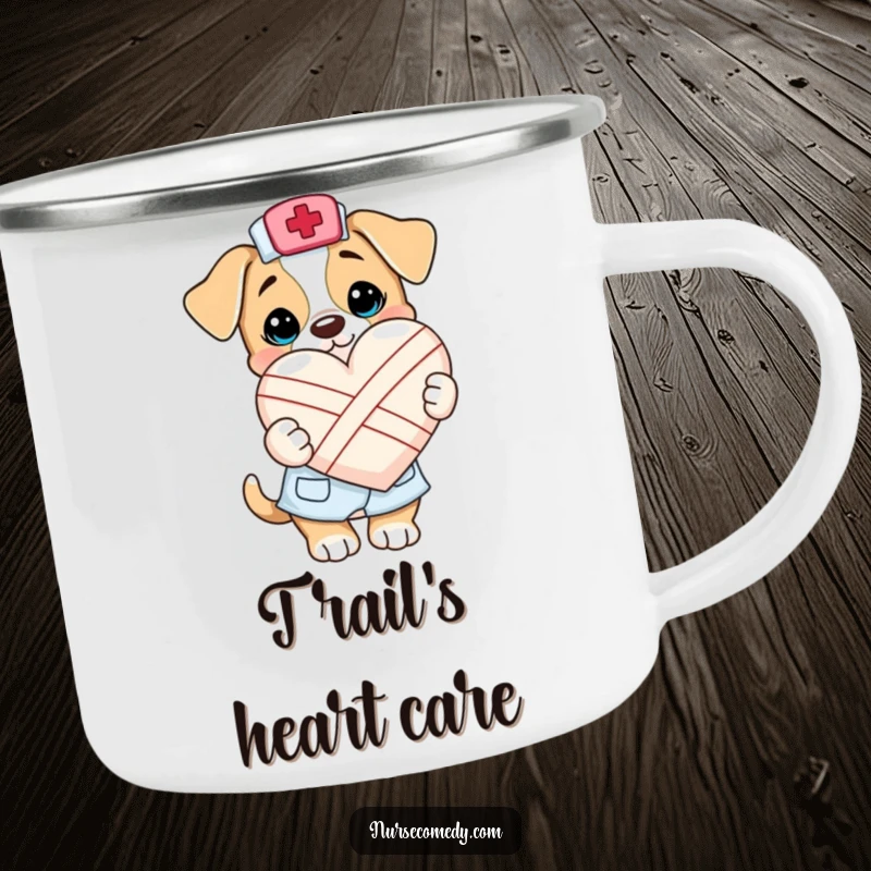 Funny Kawaii Puppy Nurse Camping Mug: A resilient mug showcasing a cute puppy nurse character holding a bandaged heart, perfect for rugged adventures.