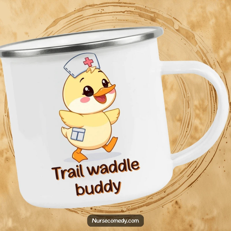 Funny Kawaii Duck Nurse Camping Mug, cartoon duck waddling enthusiastically with a smile, perfect for outdoor use with cheerful design.