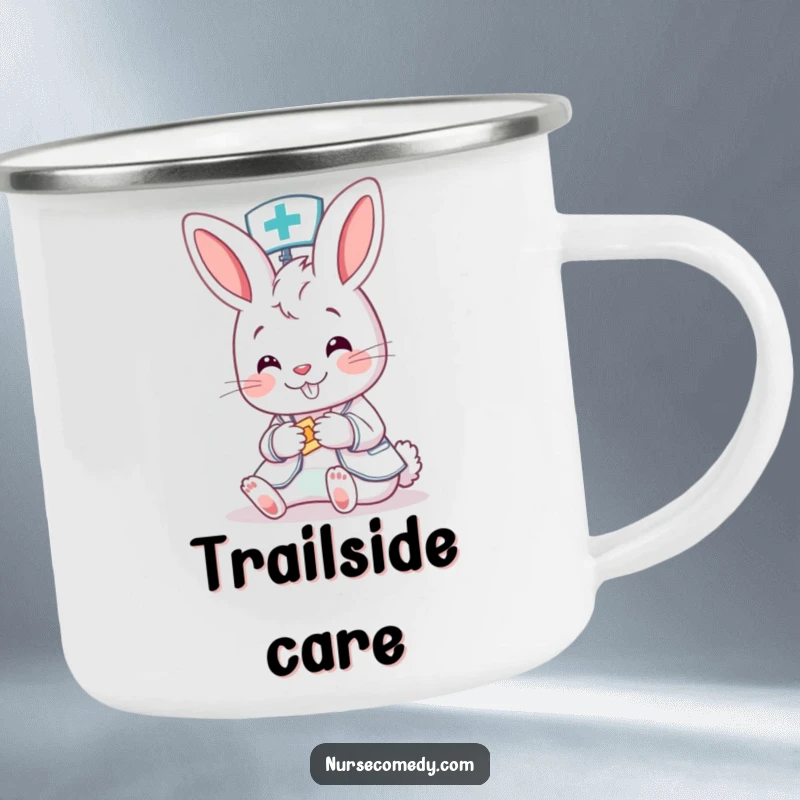 Funny Bunny Nurse Camping Mug: A cute cartoon bunny nurse offers comfort, making this durable mug a heartwarming companion for outdoor journeys.