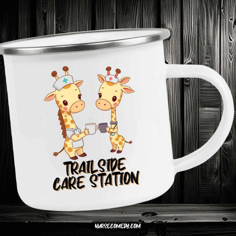 Funny giraffe nurse camping mug, a giraffe in scrubs offering a tiny cup, ideal for adventures, adding humor and care to every drink.