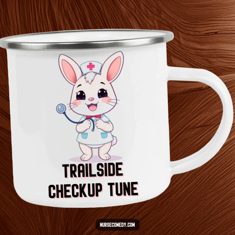 Funny Kawaii Bunny Nurse Camping Mug: Merrily bouncing a stethoscope with a cheerful grin, bringing portable cheer. Perfect funny gift.