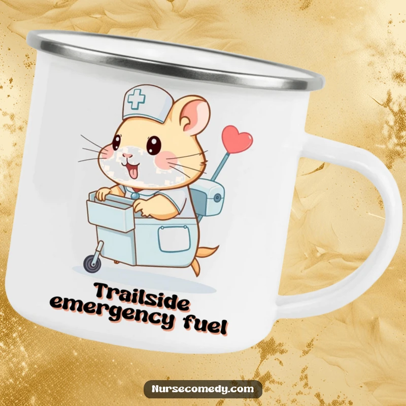 Funny hamster nurse camping mug, a hamster in scrubs zipping with a medicine cart, ideal for adventures, adding humor and speed to every drink.