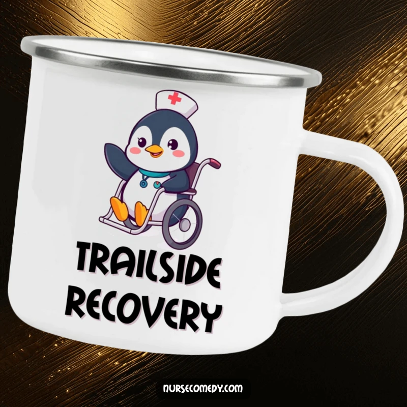 Funny Penguin Nurse Camping Mug with a cheerful penguin nurse sliding in a wheelchair, ideal for outdoor use.