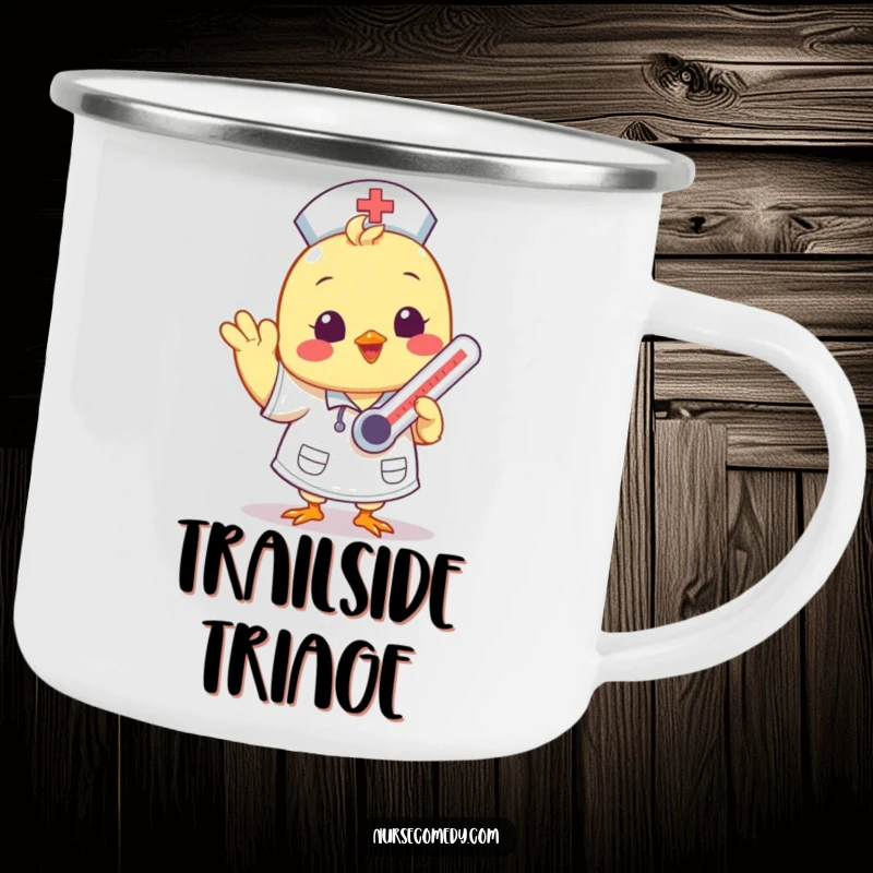Funny Kawaii chick nurse waving on a durable camping mug, for outdoor enthusiasts.