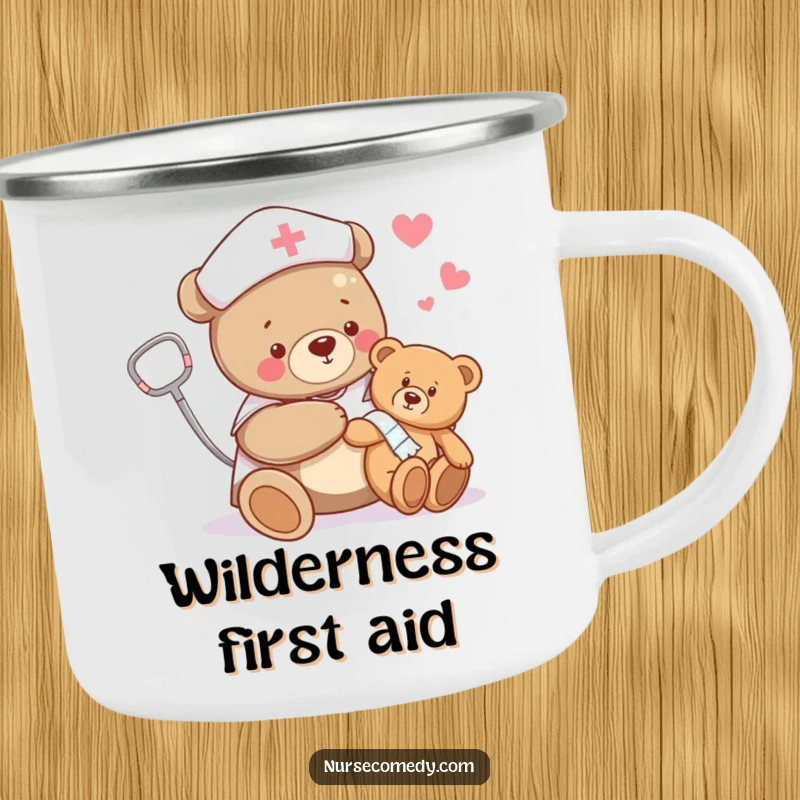 Funny bear nurse camping mug with a bear bandaging a teddy bear's limb, ideal for caregivers who enjoy the outdoors.