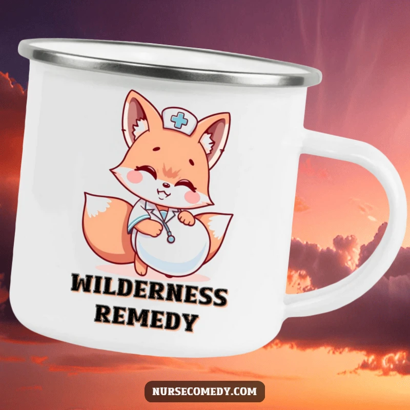 Funny Kawaii fox nurse hiding behind a giant pill on a durable camping mug, for outdoor fun.