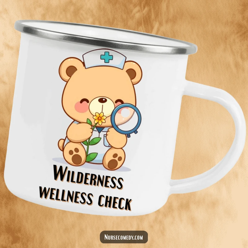 Funny kawaii bear nurse camping mug examining a tiny flower with a magnifying glass, great for gentle adventures.