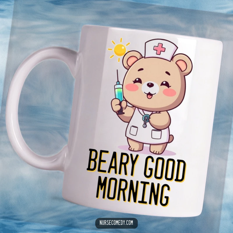 Funny Bear Nurse Mug: A friendly bear in scrubs happily offers a syringe filled with bright sunshine, radiating warmth and health.