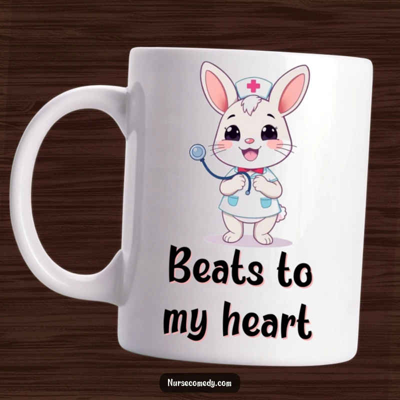 Funny Kawaii Bunny Nurse Mug: Merrily bouncing a stethoscope with a cheerful grin, spreading joy and healing. A hilarious funny gift.