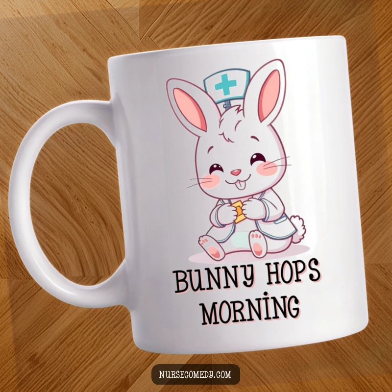 Funny Bunny Nurse Mug: A kind cartoon bunny doctor sweetly applies a colorful bandage to a tiny, grateful patient, spreading cheer.