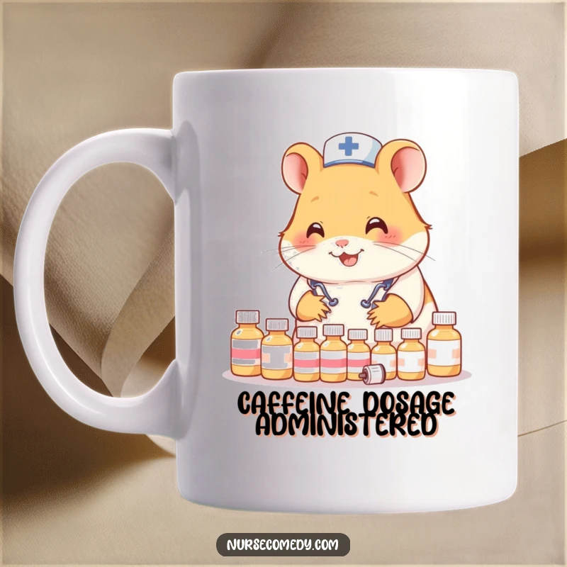 Funny Hamster Nurse Mug: Busy hamster doctor smiling while organizing tiny medicine bottles, promoting health.