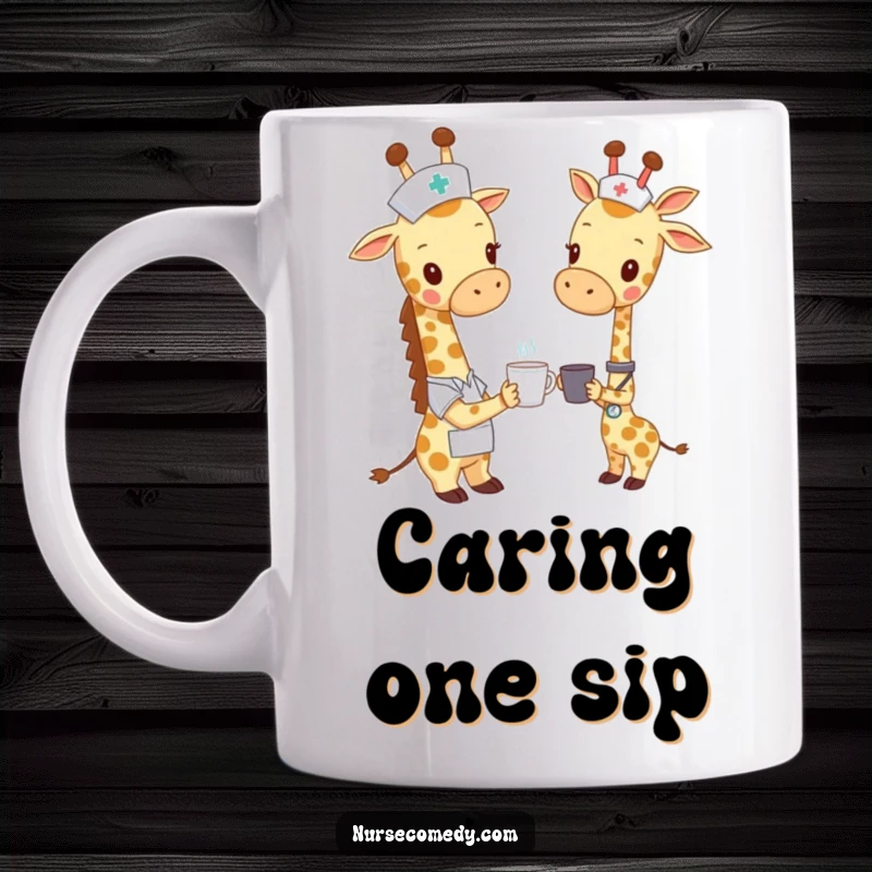 Funny giraffe nurse mug, a tall giraffe in scrubs offering a tiny cup, depicting caring service with whimsical humor.