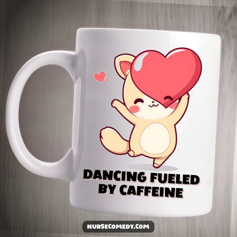 Funny Kawaii Animal Mug with a cute character joyfully dancing with a heart, radiating pure happiness and energy.