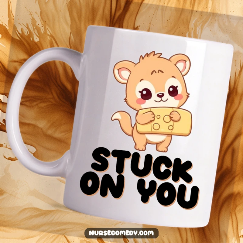 Funny curious animal character examining a large colorful bandage with intrigue, cute and humorous mug.