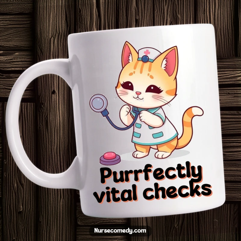 Funny Cat Nurse Mug with a playful cat character bouncing a stethoscope like a toy, showcasing its lighthearted and caring veterinary nature.