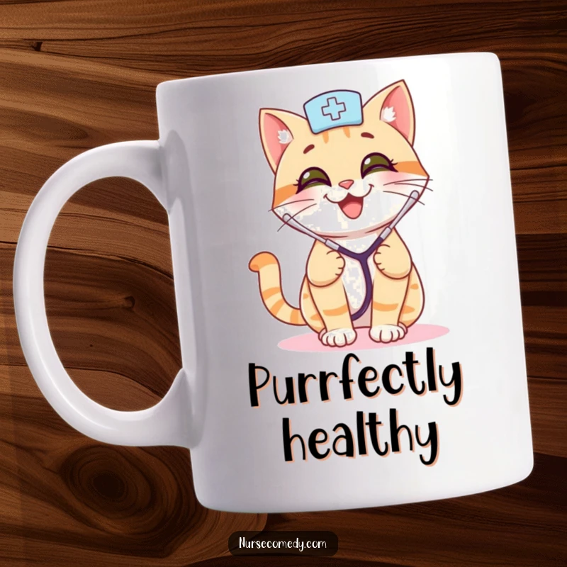 Funny cat nurse mug showing a smiling feline with a stethoscope, bouncing playfully, embodying cheerful medical care.