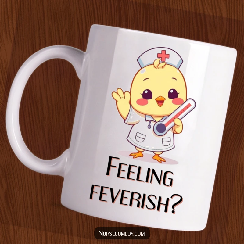 Funny Kawaii chick nurse character waving happily while balancing a thermometer, cartoon style on a mug.