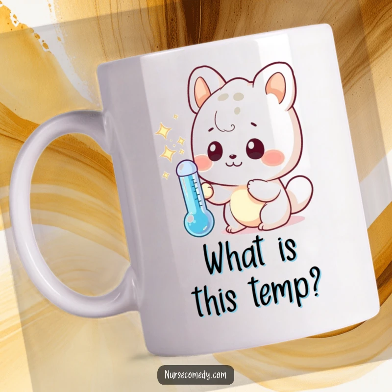 Funny mug showcasing a cute, wide-eyed kawaii animal character curiously inspecting a sparkling thermometer, a perfect humorous gift.