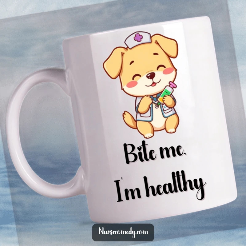 Funny dog nurse character playfully giving a vitamin shot, a cheerful and humorous scene on a mug, perfect funny gift.