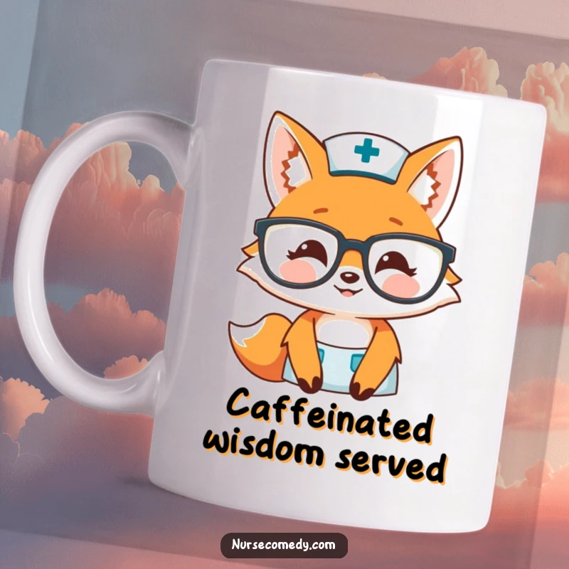Funny fox nurse mug with a character peeking over large glasses, smiling warmly, ideal gift for medical professionals.