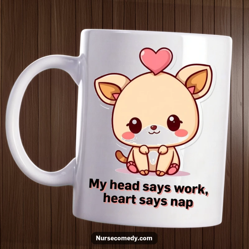 Funny Kawaii Animal Mug with a cute character playfully balancing a glowing heart on its head, radiating happiness.
