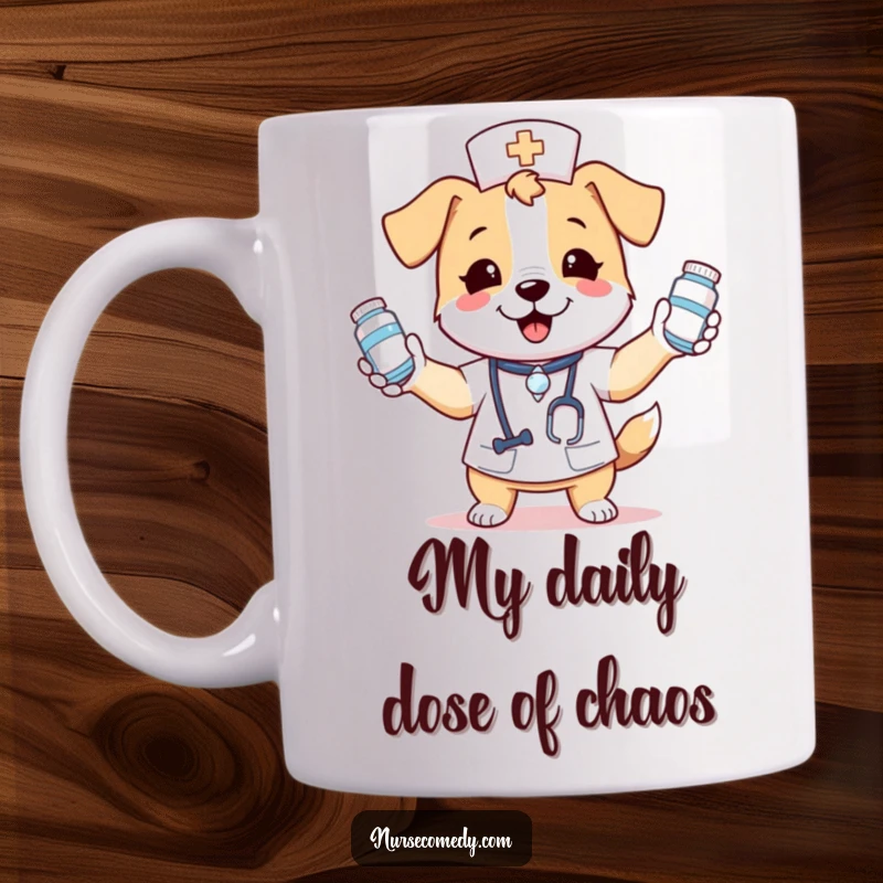 Funny mug featuring a kawaii dog nurse energetically juggling numerous medicine bottles with a gleeful expression and a determined focus.