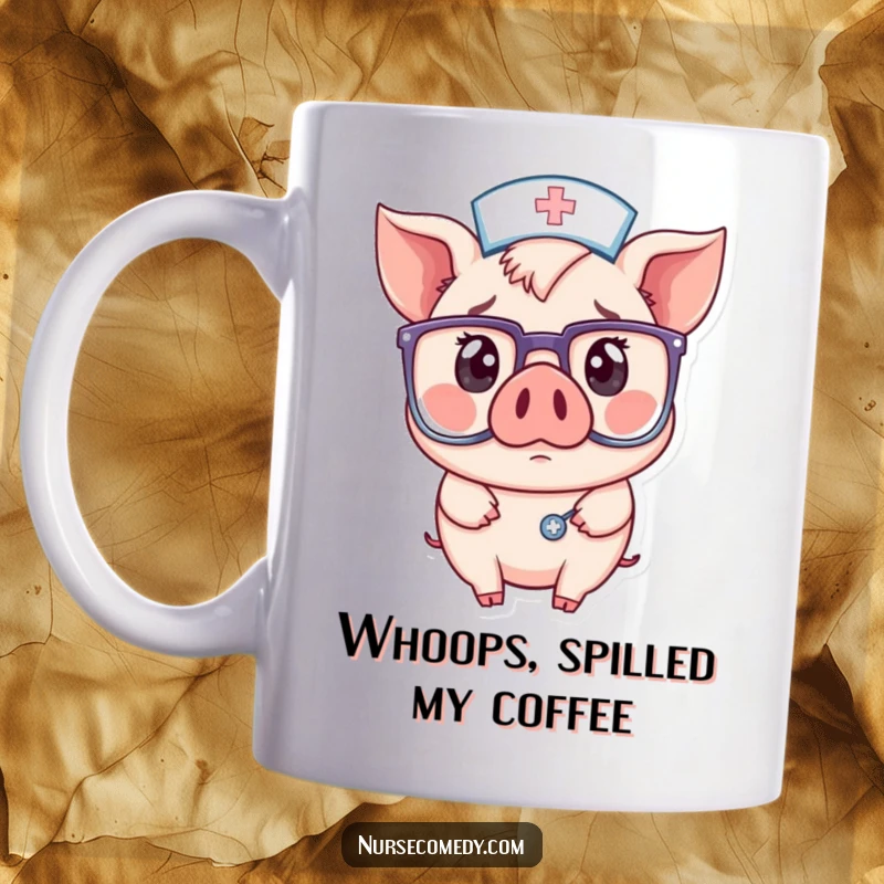 Funny mug showing a kawaii pig nurse wearing comically oversized glasses, with a wide-eyed, surprised expression and rosy cheeks.