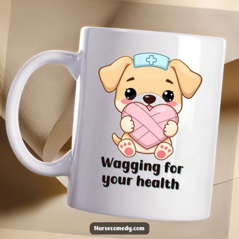 Funny Kawaii Puppy Nurse MugHolding a Bandaged Heart Shape with Joy, Perfect for Funny Gifts