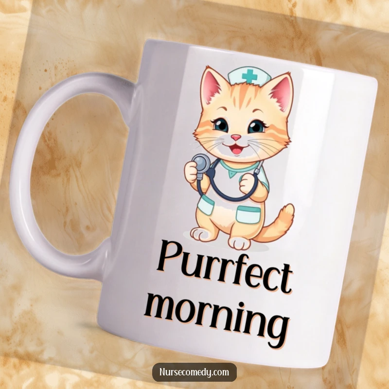 Funny Kitten Nurse Mug: A cute kitten in scrubs playfully holds a stethoscope, embodying adorable dedication and veterinary charm.
