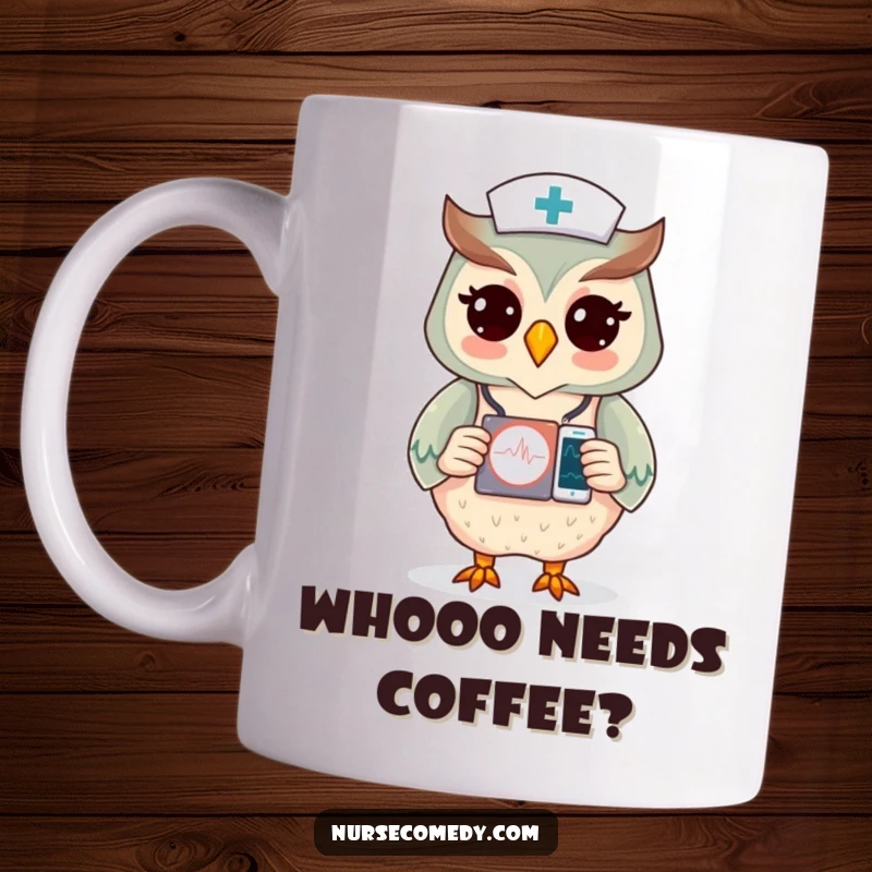 Funny mug with a wise owl dressed as a nurse, intently watching a heart monitor display.