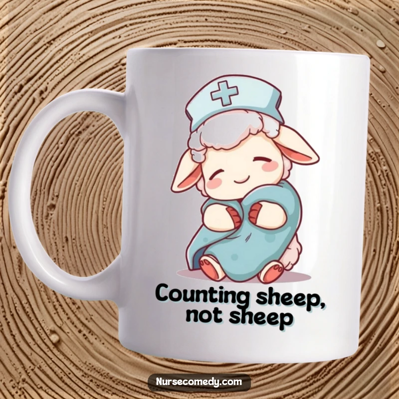 Funny sleepy sheep nurse character in a nightcap holding a comfort blanket, conveying rest and care, a perfect gift for nurses.