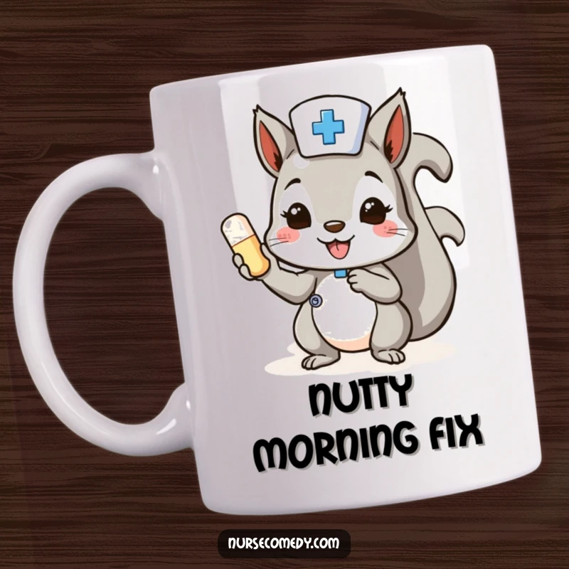 Funny Squirrel Nurse Mug: a cheerful squirrel happily offers a pill, a great funny gift for medical professionals.