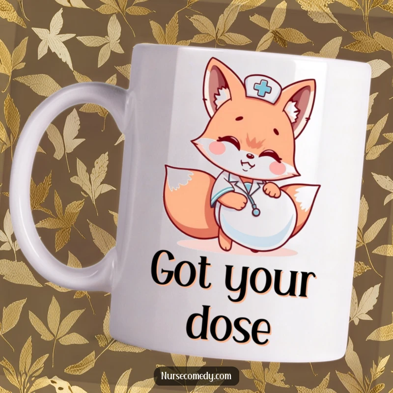 Funny Kawaii fox nurse character playfully hiding behind a giant pill capsule with a grin, cartoon style on a mug.