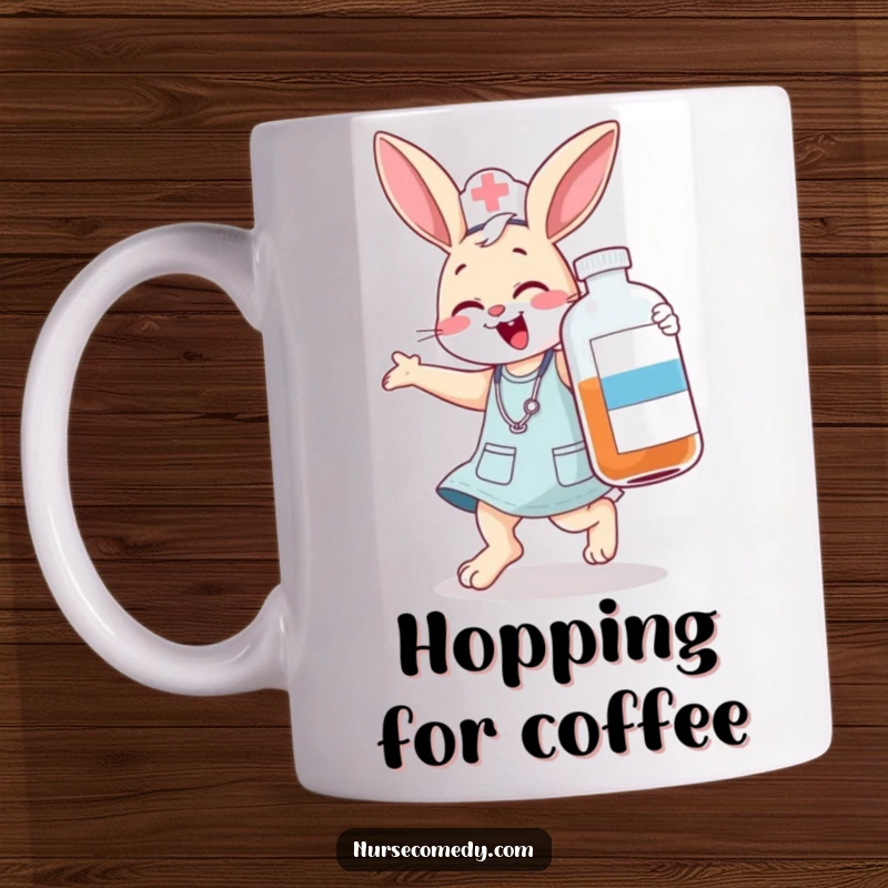 Funny bunny nurse mug, a jumping character giggling while carrying a large medicine bottle, great funny gift idea.