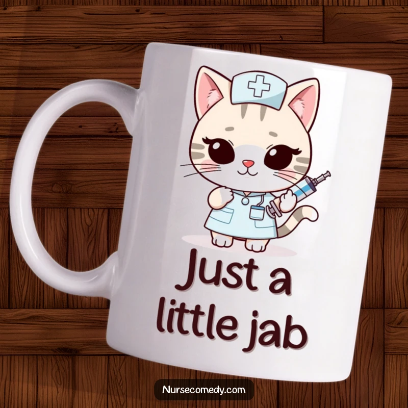Funny Kawaii Cat Nurse Mug: Slyly offering an oversized syringe with a wink, a mischievous and hilarious dose of humor. A purrfect funny gift.