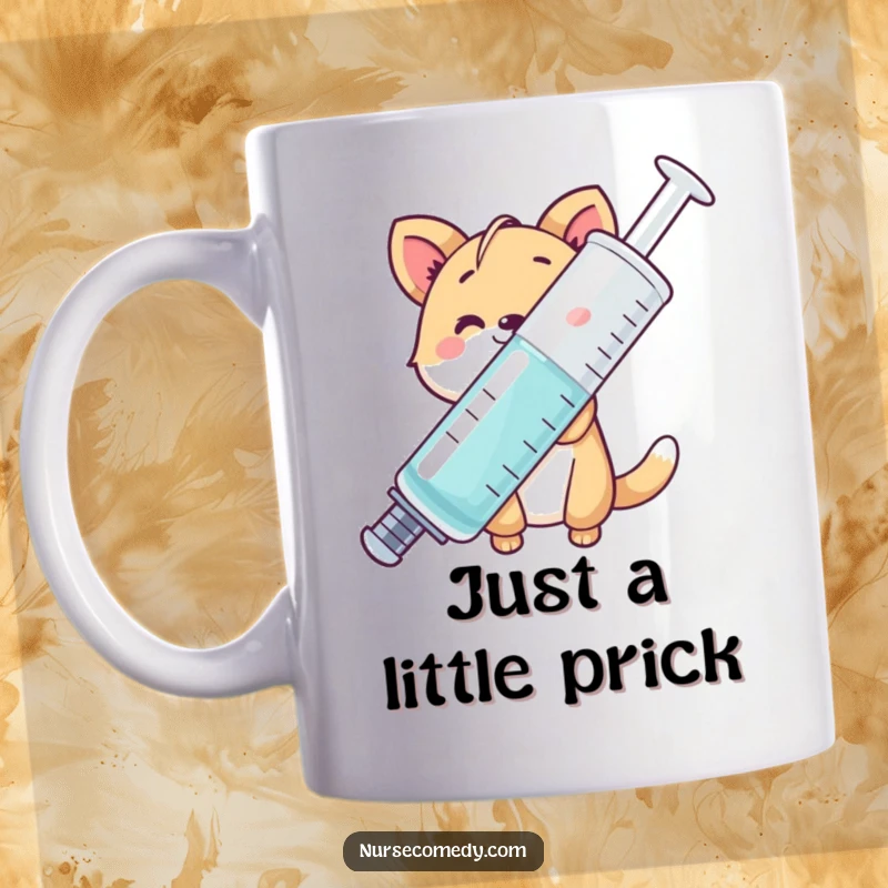 Funny animal character peeking playfully from behind a giant syringe, smiling mischievously, perfect gift mug.