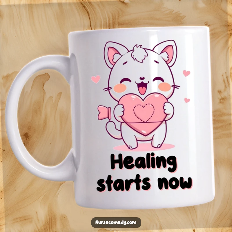 Kawaii mug featuring a cute animal character enthusiastically rolling a heart-shaped bandage, symbolizing care, love, and gentle healing.