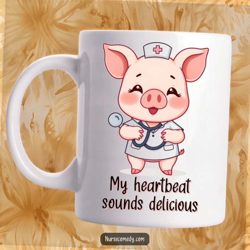 Funny piglet nurse character happily tapping a stethoscope on a chest, radiating warmth and humor.
