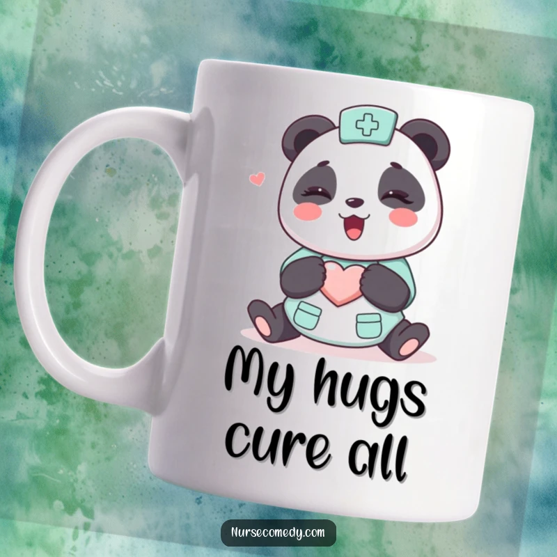 Funny Kawaii Panda Nurse Mug, cartoon character excitedly giving a loving hug with a heart on its chest, spreading joy and warmth.