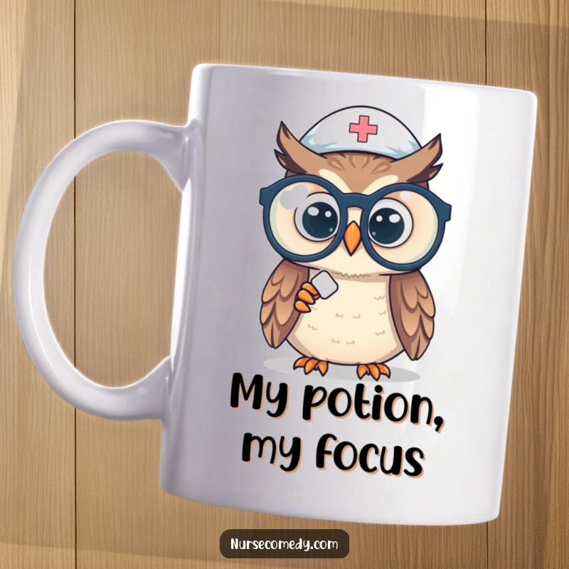 Funny owl nurse mug with large spectacles intently peering at a tiny pill, showcasing curiosity and medical focus.