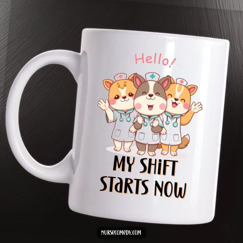 Funny animal nurse characters waving hello with cheerful expressions, printed on a coffee mug, embodying kindness and joy.