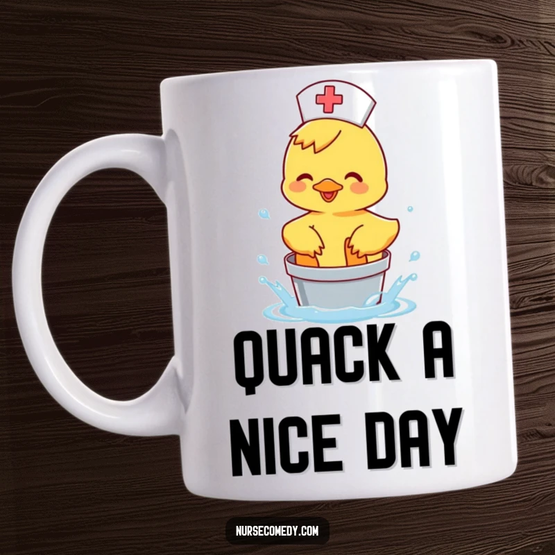 Funny Duck Nurse Mug: a happy duck splashes water in a bucket, a fun medical gift.